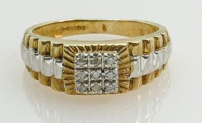 Gents 9ct gold dress ring: Set with diamonds, 4g, size P.