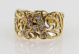 14ct gold filigree ring with the letter A: Set with white stones, size M, 3.4g.