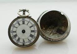 Thomas Sage London 18th century silver pair cased pocket watch: With a pleasing repousse outer