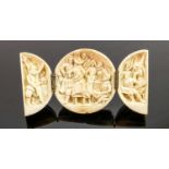 18/19th century Dieppe carved Ivory Triptych with Medieval tavern scene: Diameter 5cm. Please note