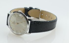 Omega vintage small manual stainless steel wristwatch: Diameter 3cm, with later leather strap.