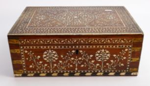 19th century hardwood & bone inlaid sewing box: Measures 38cm x 25.5cm x 14.5cm high approx.