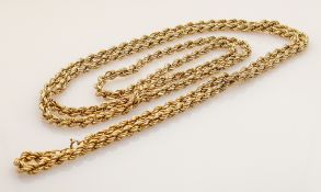 Very long & heavy 9ct gold rope twist neck chain: Gross weight 49.6g, measures 138cm. Not
