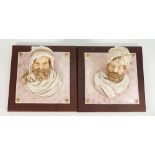 19th century continental hand painted wall plaques: On later wooden mounts, size 17.5cm square (