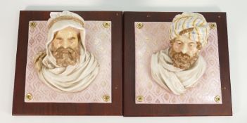 19th century continental hand painted wall plaques: On later wooden mounts, size 17.5cm square (