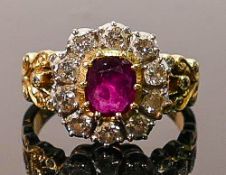 18ct yellow gold ring set ruby & moissanite: Ring size L 1/2. Face of ring head measures 13mm x 13mm