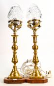 Pair of converted brass candlesticks with cut glass tear drop shades: Height including shade 53cm.