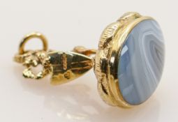 Hallmarked 9ct gold mounted heraldic agate fob or pendant: Gross weight 13.4g. Measures 44mm high