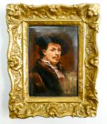 Reg Johnson signed ceramic plaque in the form of a framed oil painting titled Rembrandt: Measuring
