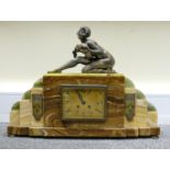 Art Deco onyx large mantle clock with bronze erotic lady figure mounted: Length of clock 54cm.