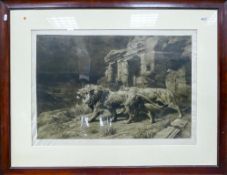 Herbert Dicksee etching THE RUINED TEMPLE: Showing two lions. Measuring 48cm x 68cm excluding