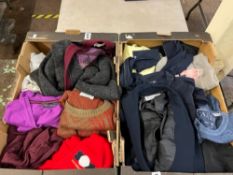 Two trays of assorted mens/ladies designer vintage/used clothing to include: Armani tops,