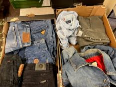 Two trays of assorted mens designer vintage/used clothing to include: Armani, D&G, Levis etc