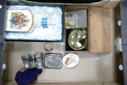 A mixed collection of items to include: Silver Cigarette case, vintage brass scales, Minton boxed