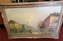 Framed oil on canvas depicting a continental street scene: signed P. Sanchez, 106cm x 75cm.