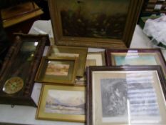 A group of framed paintings and prints: together with a Victorian wall clock (a/f)(8).