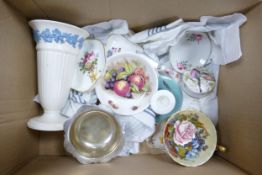 A mixed collection of items to include: Floral Aynsley, Coalport & similar cups, plates, lidded