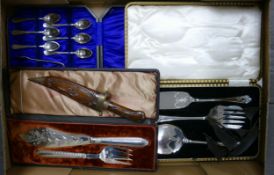 A mixed collection of items to include: cased Silver plated Cutlery, similar Serving set & Arabic