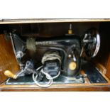 Cased Singer Hand Crank Sewing Machine: