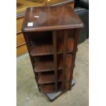 Mahogany revolving bookcase: 35cm W x 35cm D x 76cm H.