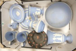 A collection of Wedgwood Jasperware including: large Fruit Bowl, Vase, Jugs Egyptian Theme plates
