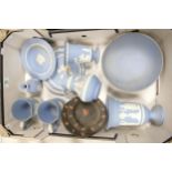 A collection of Wedgwood Jasperware including: large Fruit Bowl, Vase, Jugs Egyptian Theme plates