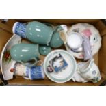 A mixed collection of items to include: Woods & Denby ware, Lladro Lady figure, Wedgwood Mugs etc