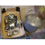 A collection of metal ware items: Art Deco metal bin, tea service items, jar of mixed coins,