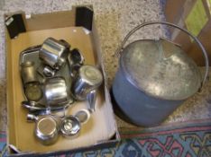 A collection of metal ware items: Art Deco metal bin, tea service items, jar of mixed coins,