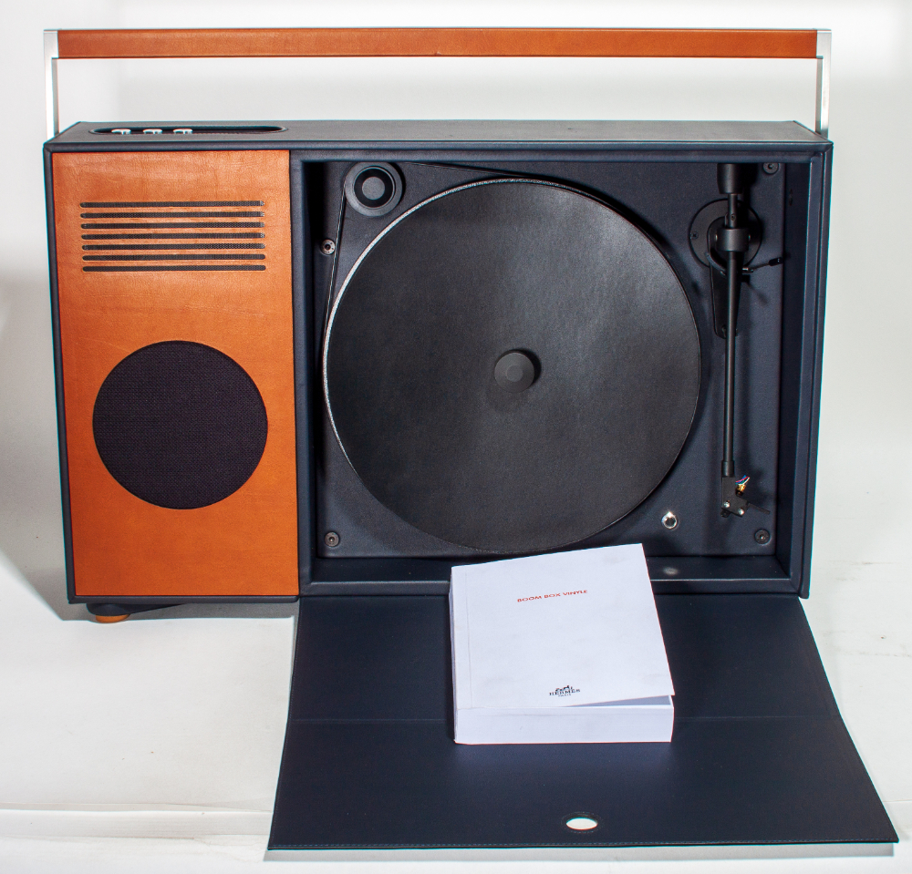 Hermes Vinyl Boombox Vertical Record Player: Luxury calfskin and canvas boombox. Portable record - Image 2 of 3