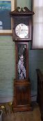 Reproduction Grandfather clock: 2 weights and pendulum present, 200cm in height approx, linen fold