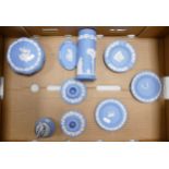 A collection of Wedgwood Blue Japserware to include: lidded pots, candlesticks, pin dishes etc