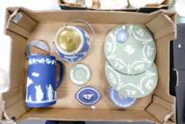 A collection of Wedgwood Jasperware to include: Sage Green Plates, Blue Lidded boxes, Dip Blue Large