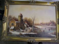 Large gilt framed oil on canvas: depicting a Dutch wintery scene, 107cm x 77cm.