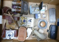 A mixed collection of items to include: Vintage Agfa Camera, WW11 era Binoculars, boxed Ronson