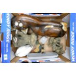 A mixed collection of items to include: large wooden cat, Large Out of Africa resin elephants etc