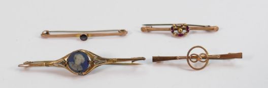 A collection of Victorian 9ct bar brooches: three 9ct rose gold examples with steel pins, 4.2g and