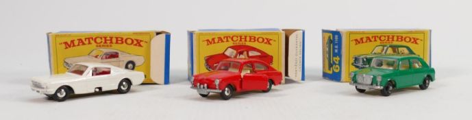 Three Matchbox Lesney boxed cars numbers 8 64 & 67: Ford Mustang, MG1100 & Volkwagen 1600 TL. All
