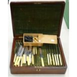 Mahogany Cased Cutlery Canteen: part filled together with boxed chess set(2)