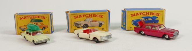 Three boxed matchbox cars numbers 24 27 and 45: Rolls Royce silver shadow, Mercedes Benz 230SL &