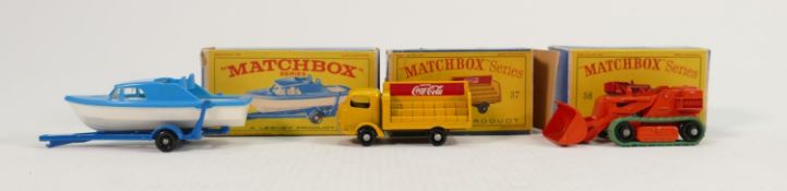 Three matchbox Lesney boxed vehicles 9 37 & 58: Boat & trailer mint - box 95%, Coca Cola lorry