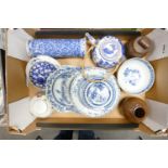 A mixed collection of Oriental items to include: early Blue & white Chinese plates, spill vase,