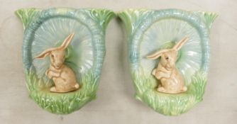 Pair Sylvac Rabbit Theme Wall Pockets: Glaze fault noted to one & internal hairline crack to other