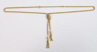 9ct hallmarked gold rope chain with tassel dropper: Gross wight 8g, Wearable length 40cm, though