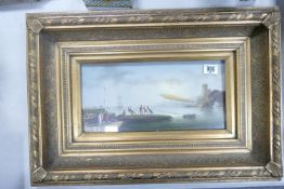 Oil painting in gilt frame of harbour scene: Measures 18.5cm x 39cm excluding frame
