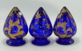 Three Victorian Hand Decorated Cobalt Blue light shades: each 13cm tall(3)