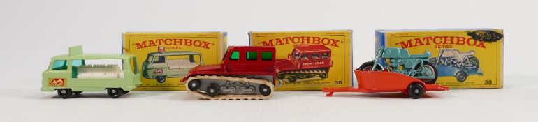 Three matchbox Lesney boxed vehicles 21 35 & 38: Milk delivery truck mint - box 95%, Snow Trac & box