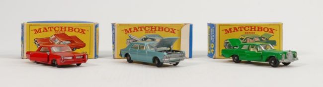 Three Matchbox Lesney boxed cars 22 46 & 53: Pontiac coupe no. 22 box & car about 90%, slight