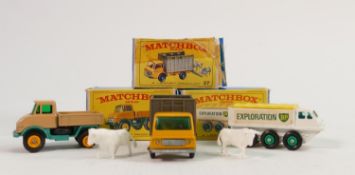 Three Matchbox Lesney boxed vehicles: Cattle truck near mint with 2 cattle - box poor, Unimog