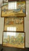 Local Artist Barbera Bell Series of 3 framed Mid Century Watercolours of Spanish Sea Side Resorts: